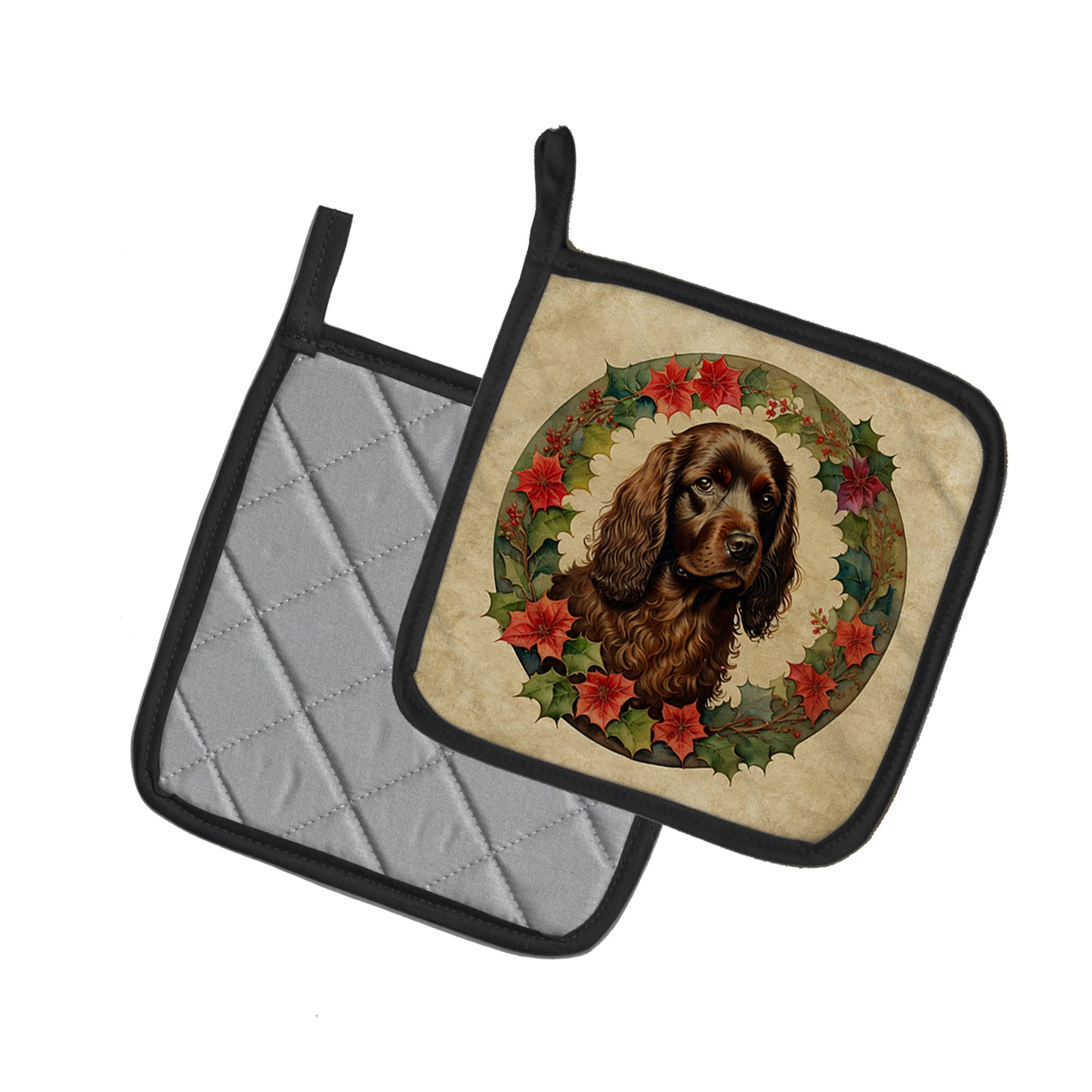 Boykin Spaniel Christmas Flowers Pair of Pot Holders