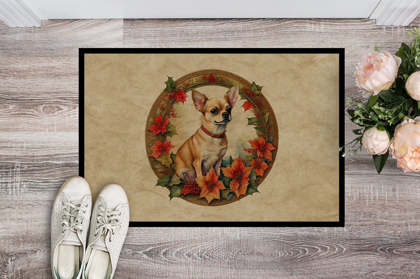 Chihuahua Christmas Flowers Doormat