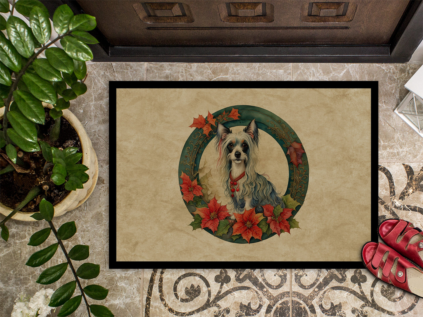 Chinese Crested Christmas Flowers Doormat