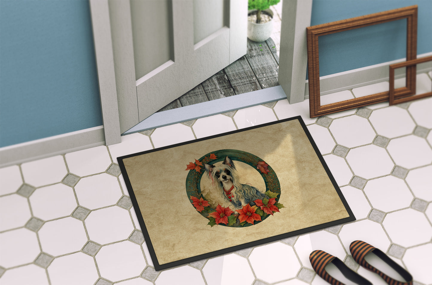 Chinese Crested Christmas Flowers Doormat