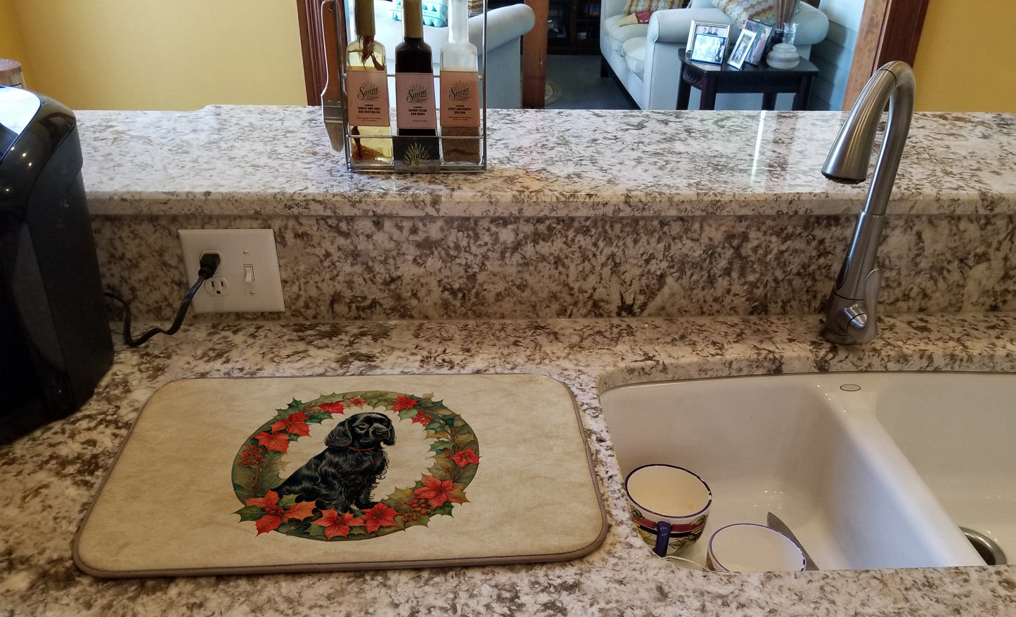 Cocker Spaniel Christmas Flowers Dish Drying Mat