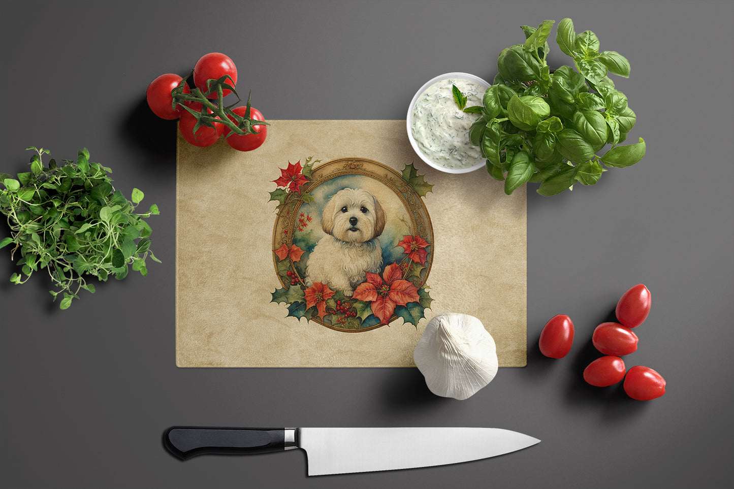 Coton De Tulear Christmas Flowers Glass Cutting Board