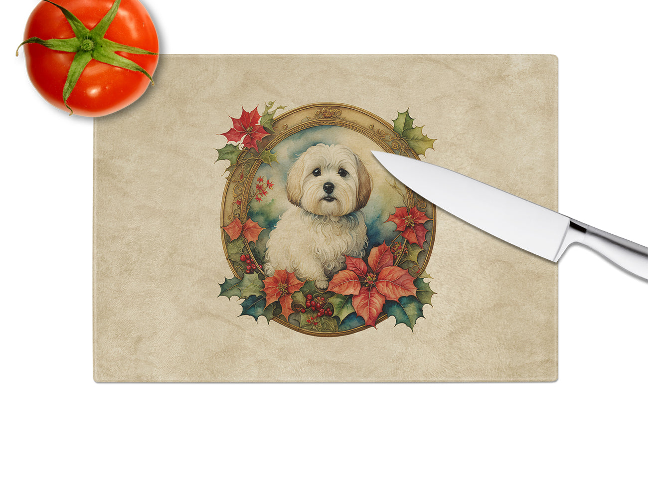 Coton De Tulear Christmas Flowers Glass Cutting Board