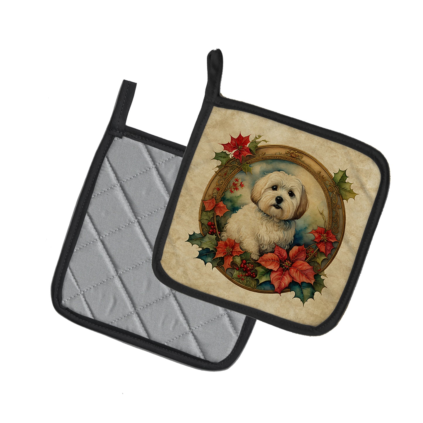 Coton De Tulear Christmas Flowers Pair of Pot Holders