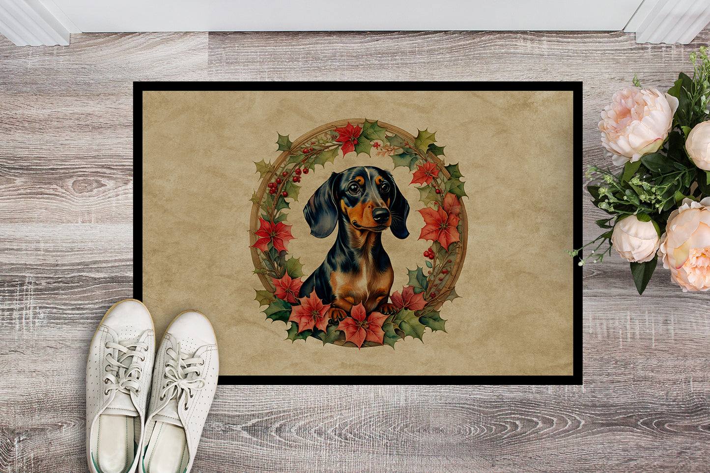 Dachshund Christmas Flowers Doormat