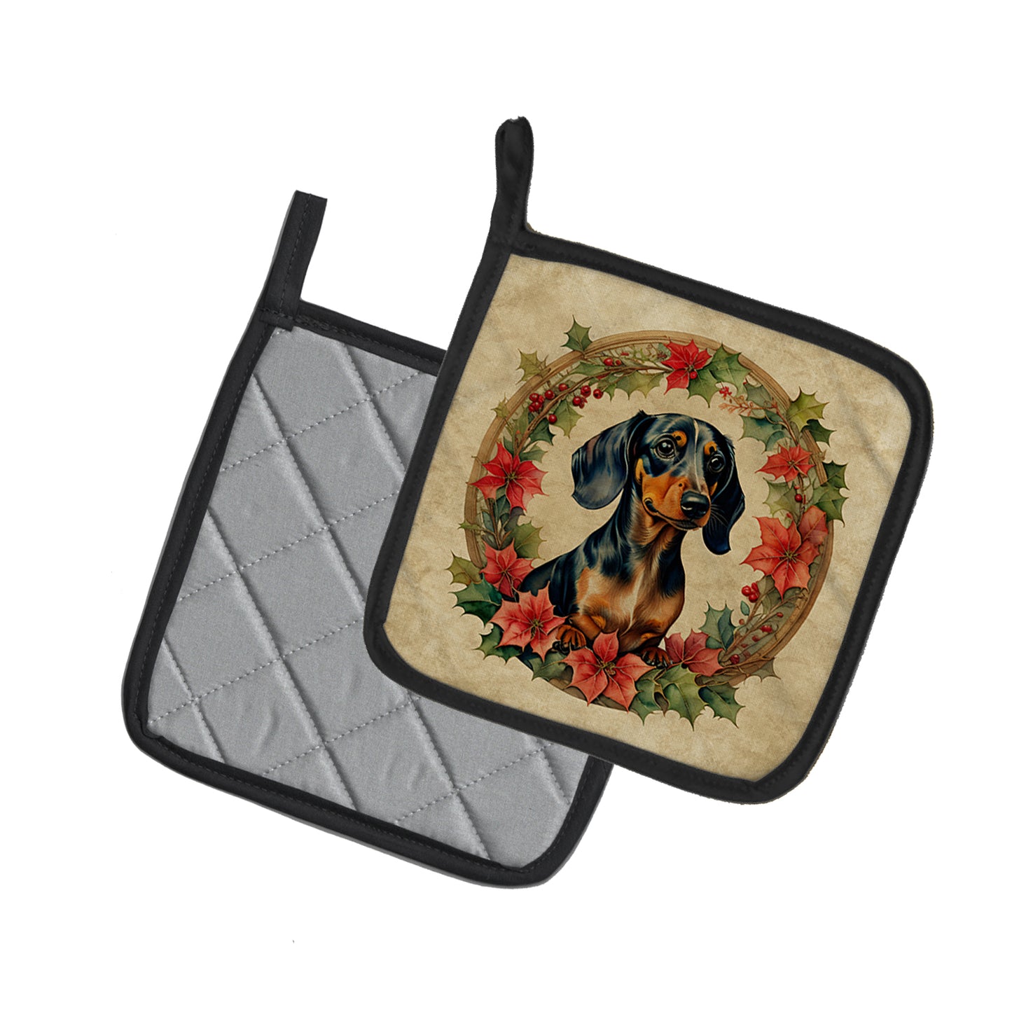 Dachshund Christmas Flowers Pair of Pot Holders