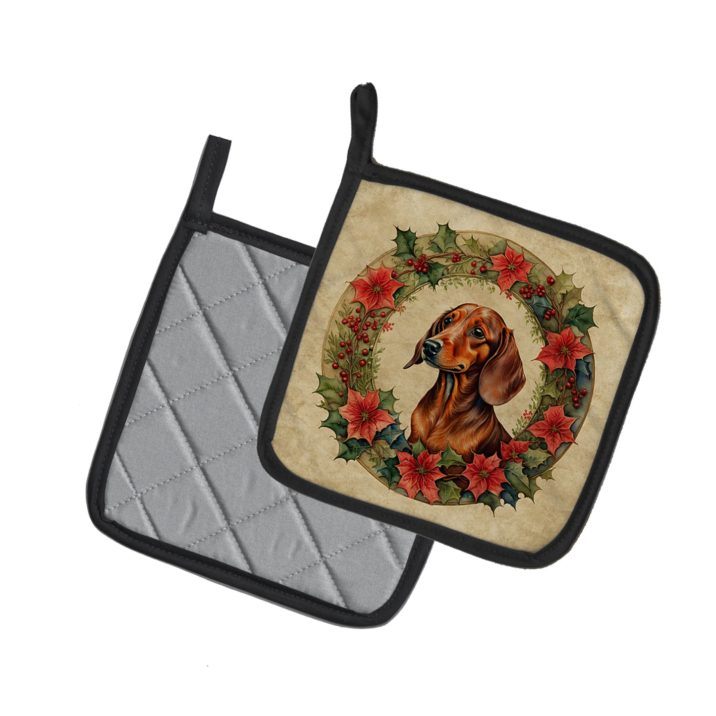 Dachshund Christmas Flowers Pair of Pot Holders