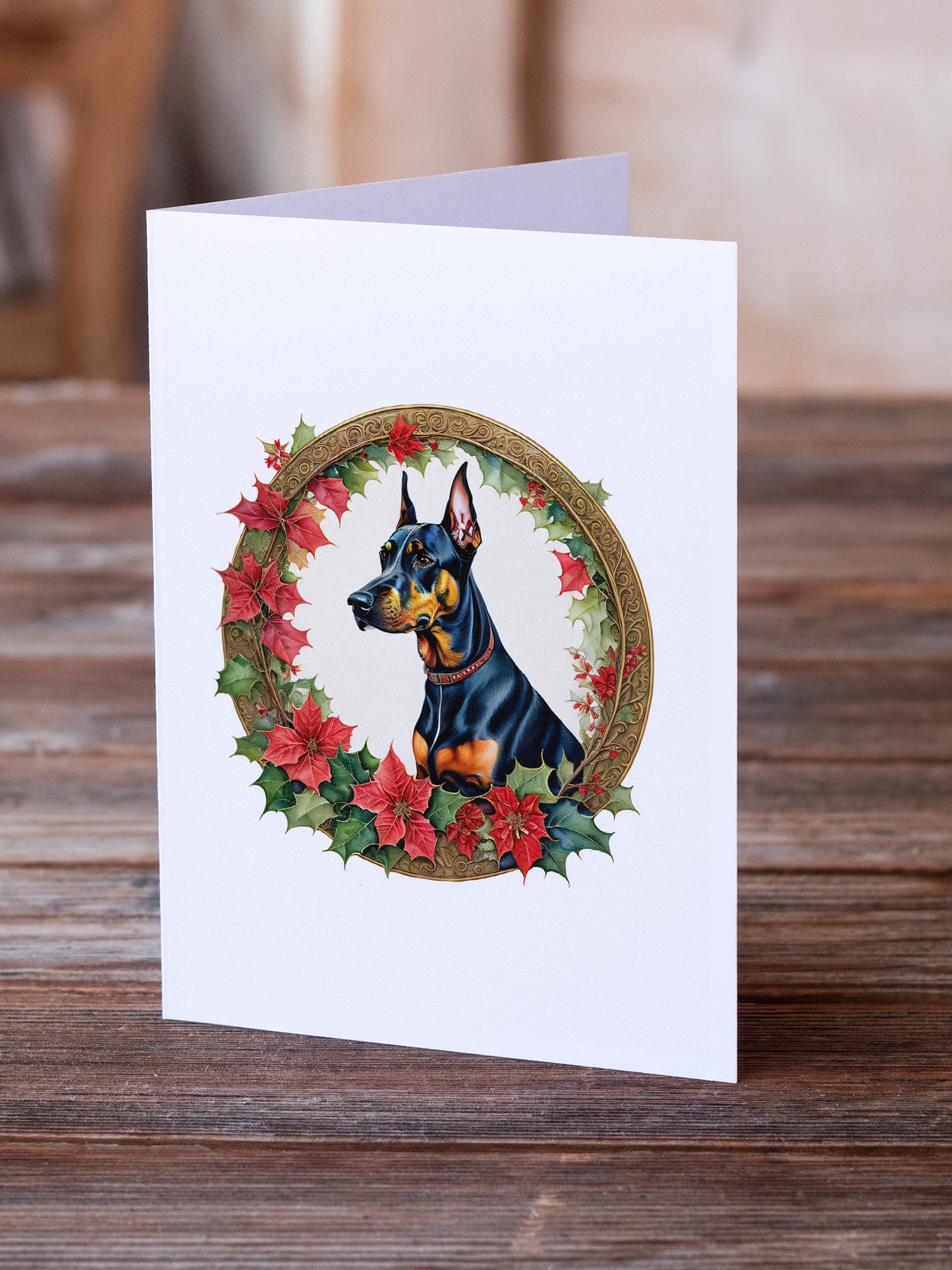 Doberman Pinscher Christmas Flowers Greeting Cards Pack of 8