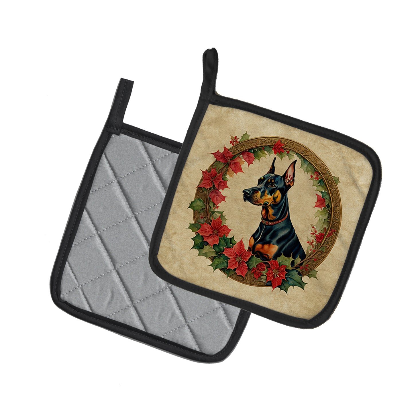 Doberman Pinscher Christmas Flowers Pair of Pot Holders