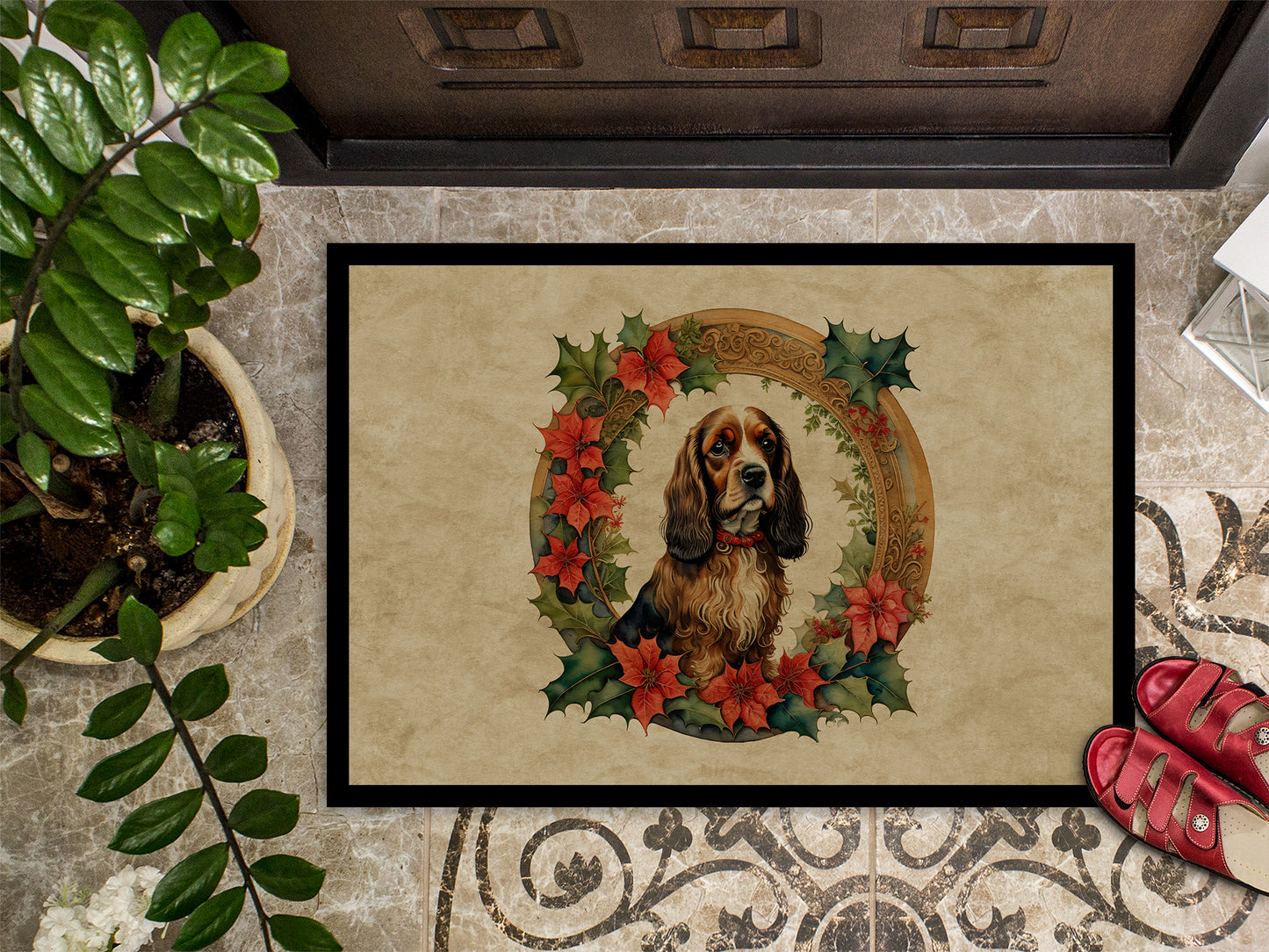 English Cocker Spaniel Christmas Flowers Doormat