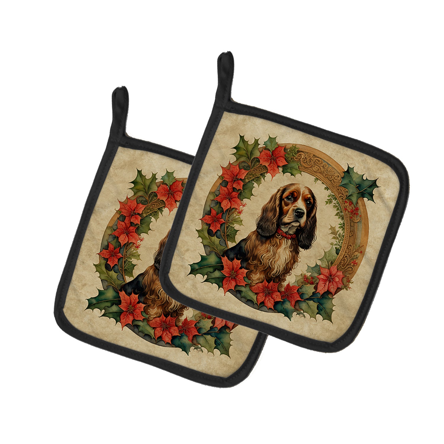 Buy this English Cocker Spaniel Christmas Flowers Pair of Pot Holders