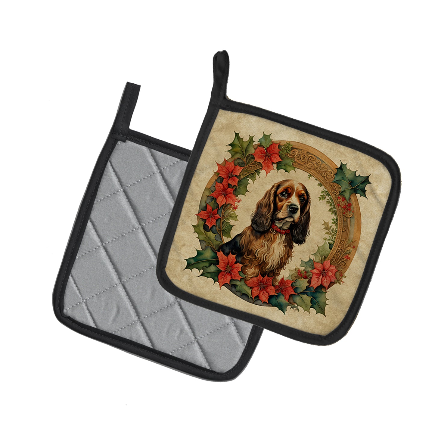 English Cocker Spaniel Christmas Flowers Pair of Pot Holders