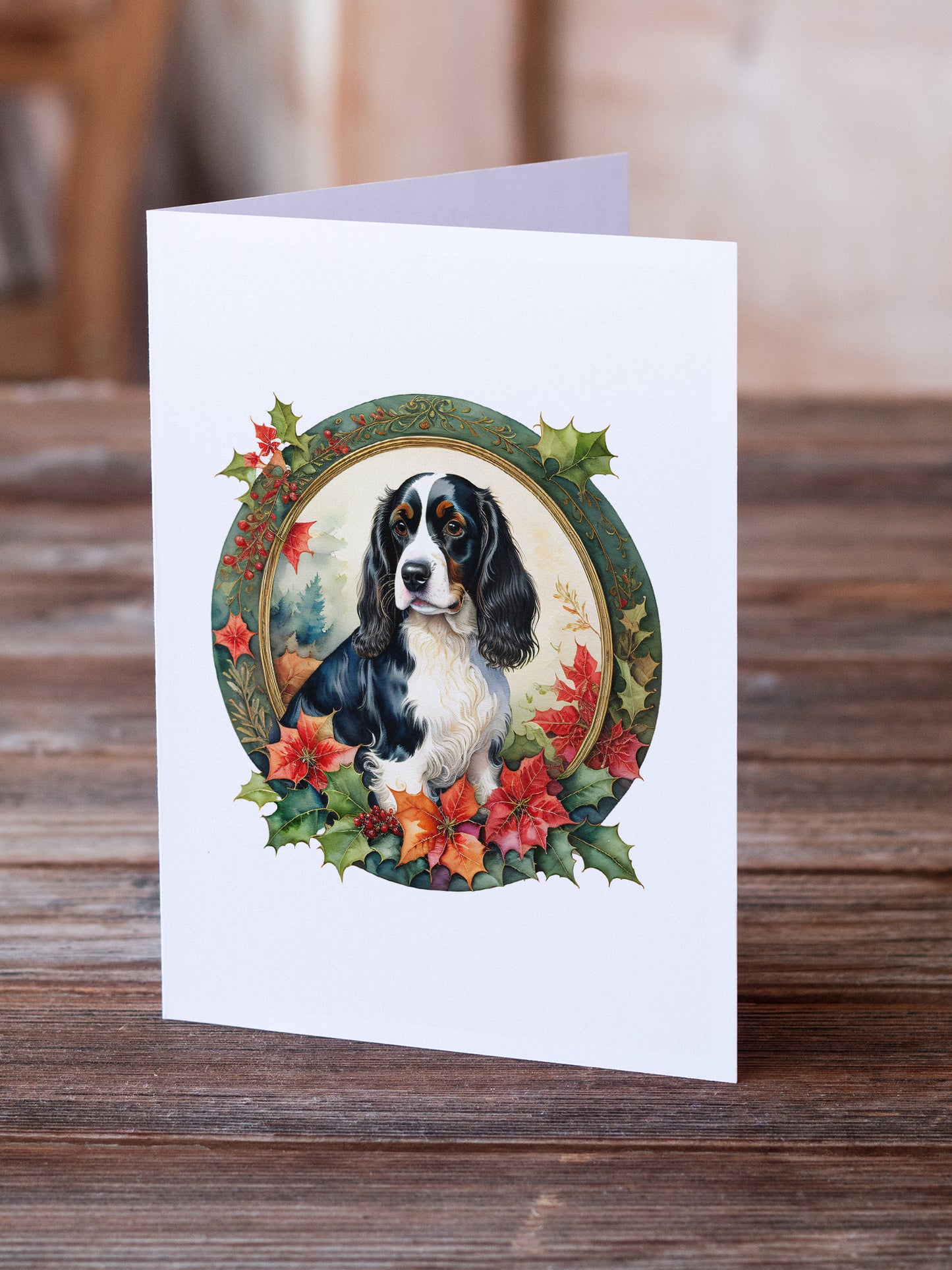 English Springer Spaniel Christmas Flowers Greeting Cards Pack of 8