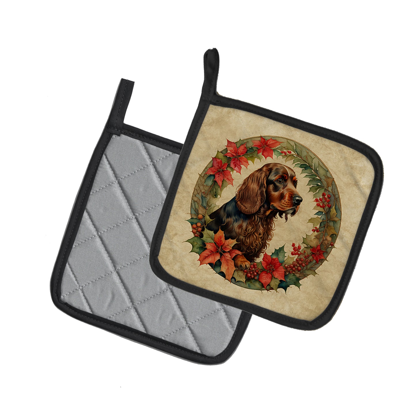 Field Spaniel Christmas Flowers Pair of Pot Holders