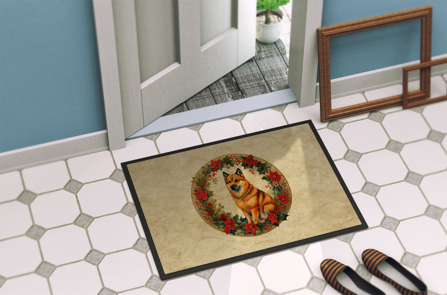 Finnish Spitz Christmas Flowers Doormat