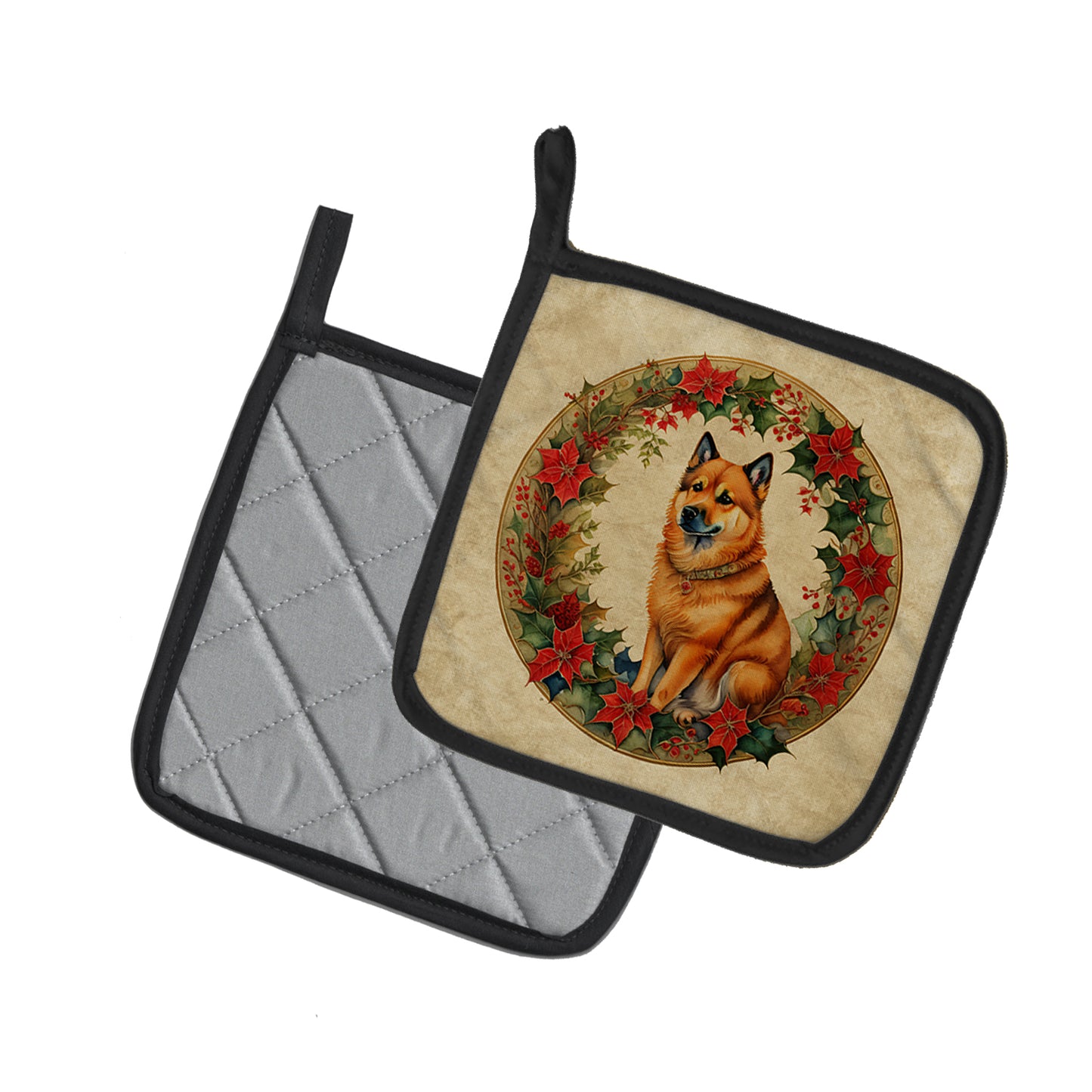 Finnish Spitz Christmas Flowers Pair of Pot Holders