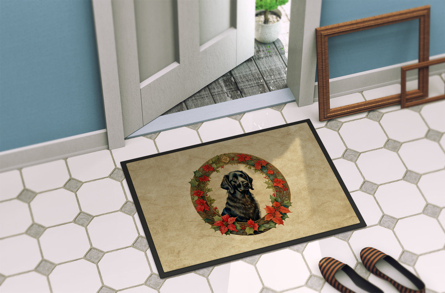 Flat-Coated Retriever Christmas Flowers Doormat