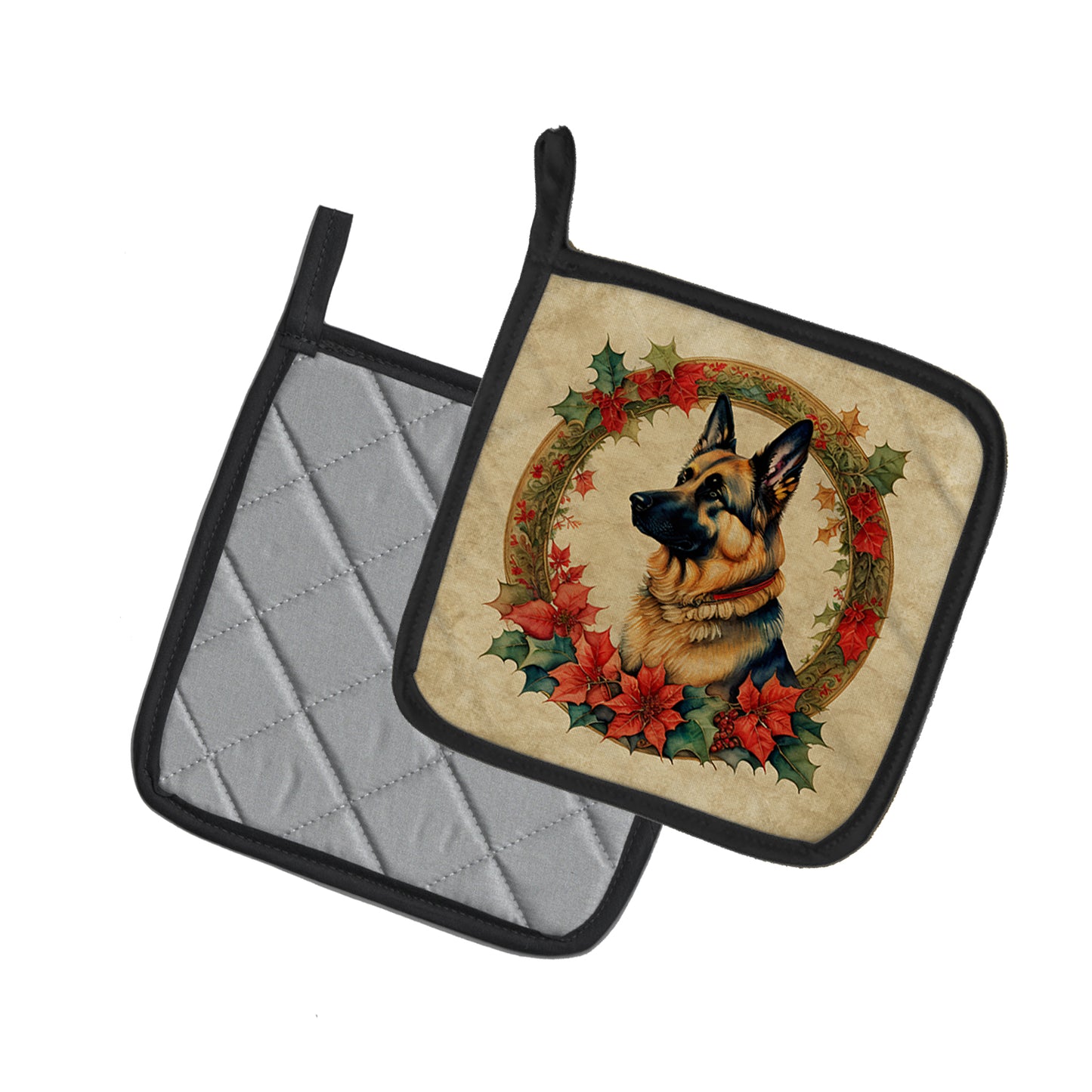 German Shepherd Christmas Flowers Pair of Pot Holders