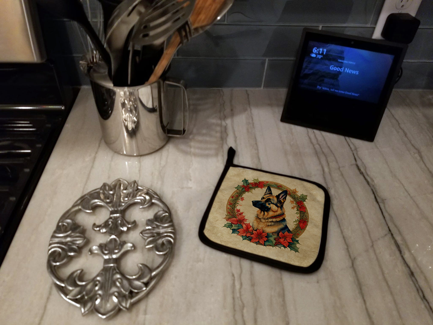 German Shepherd Christmas Flowers Pair of Pot Holders