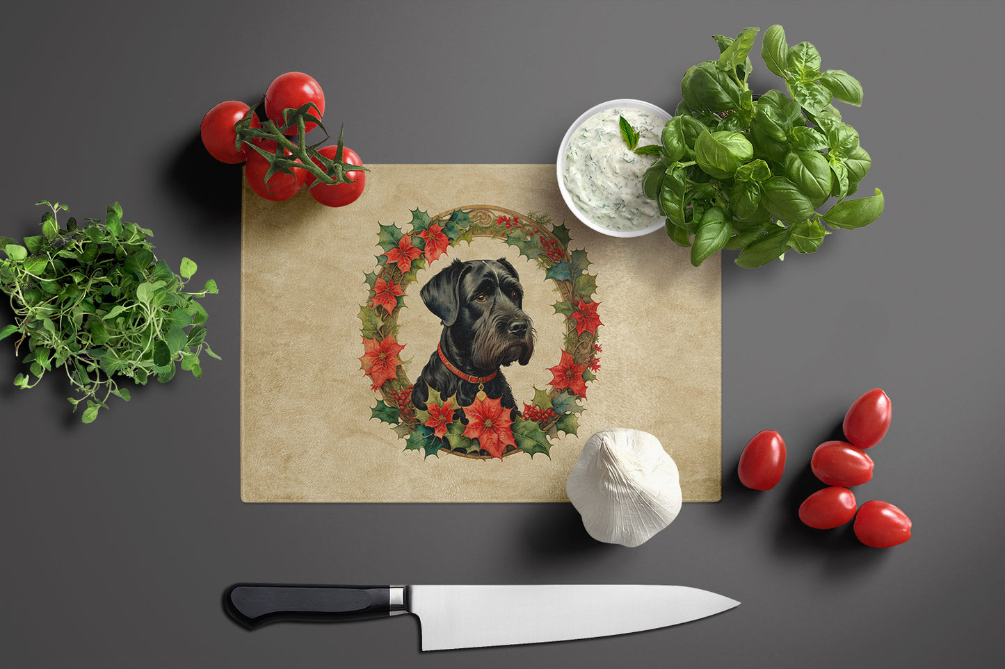 Giant Schnauzer Christmas Flowers Glass Cutting Board