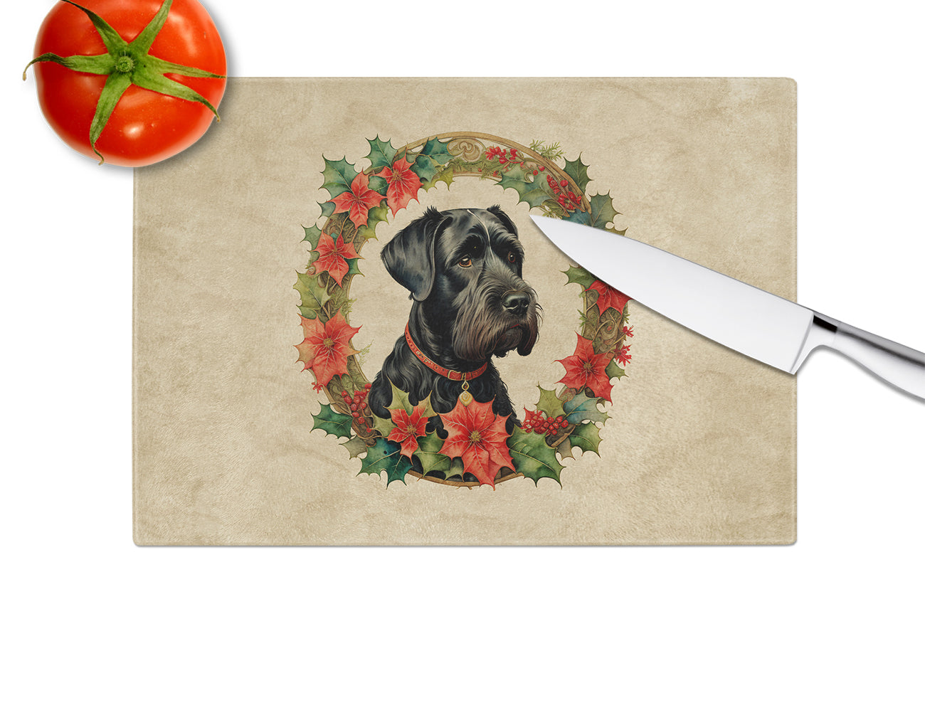 Giant Schnauzer Christmas Flowers Glass Cutting Board