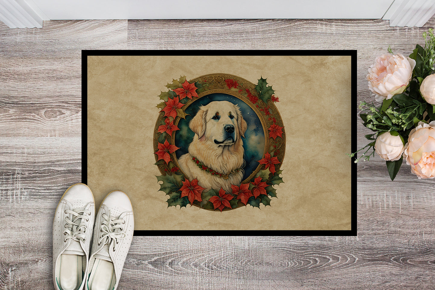 Great Pyrenees Christmas Flowers Doormat