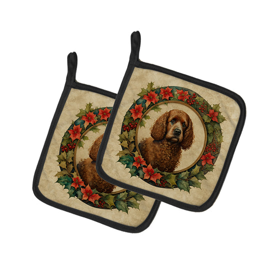 Buy this Irish Water Spaniel Christmas Flowers Pair of Pot Holders