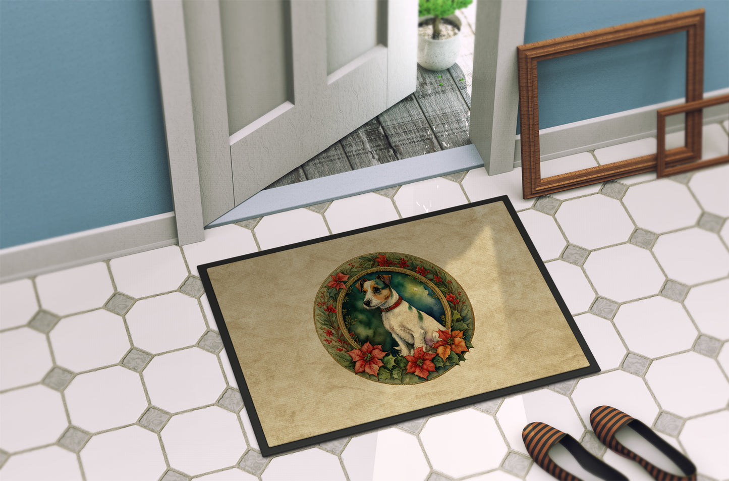 Jack Russell Terrier Christmas Flowers Doormat