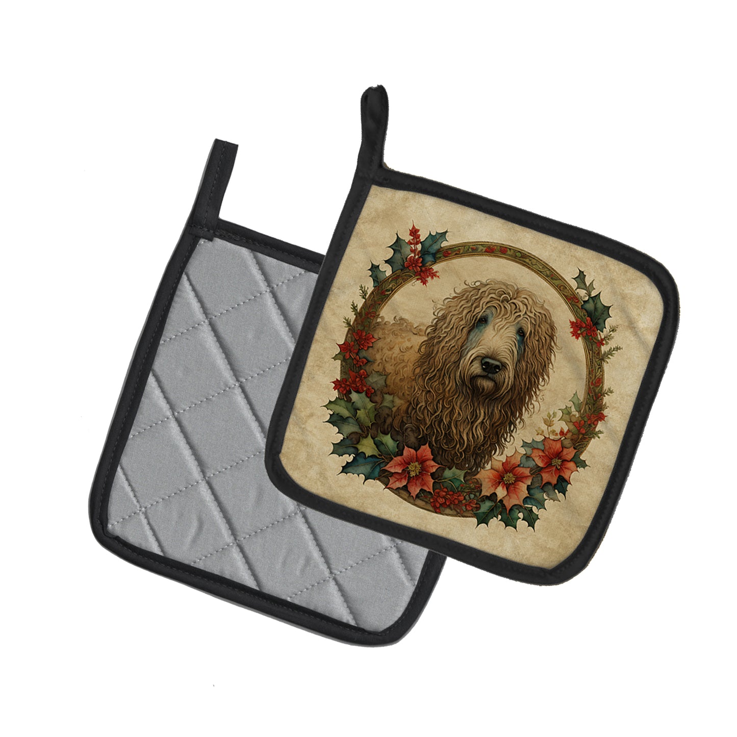 Komondor Christmas Flowers Pair of Pot Holders