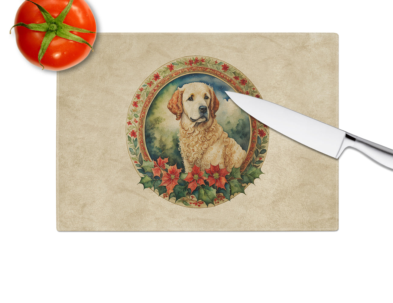 Kuvasz Christmas Flowers Glass Cutting Board