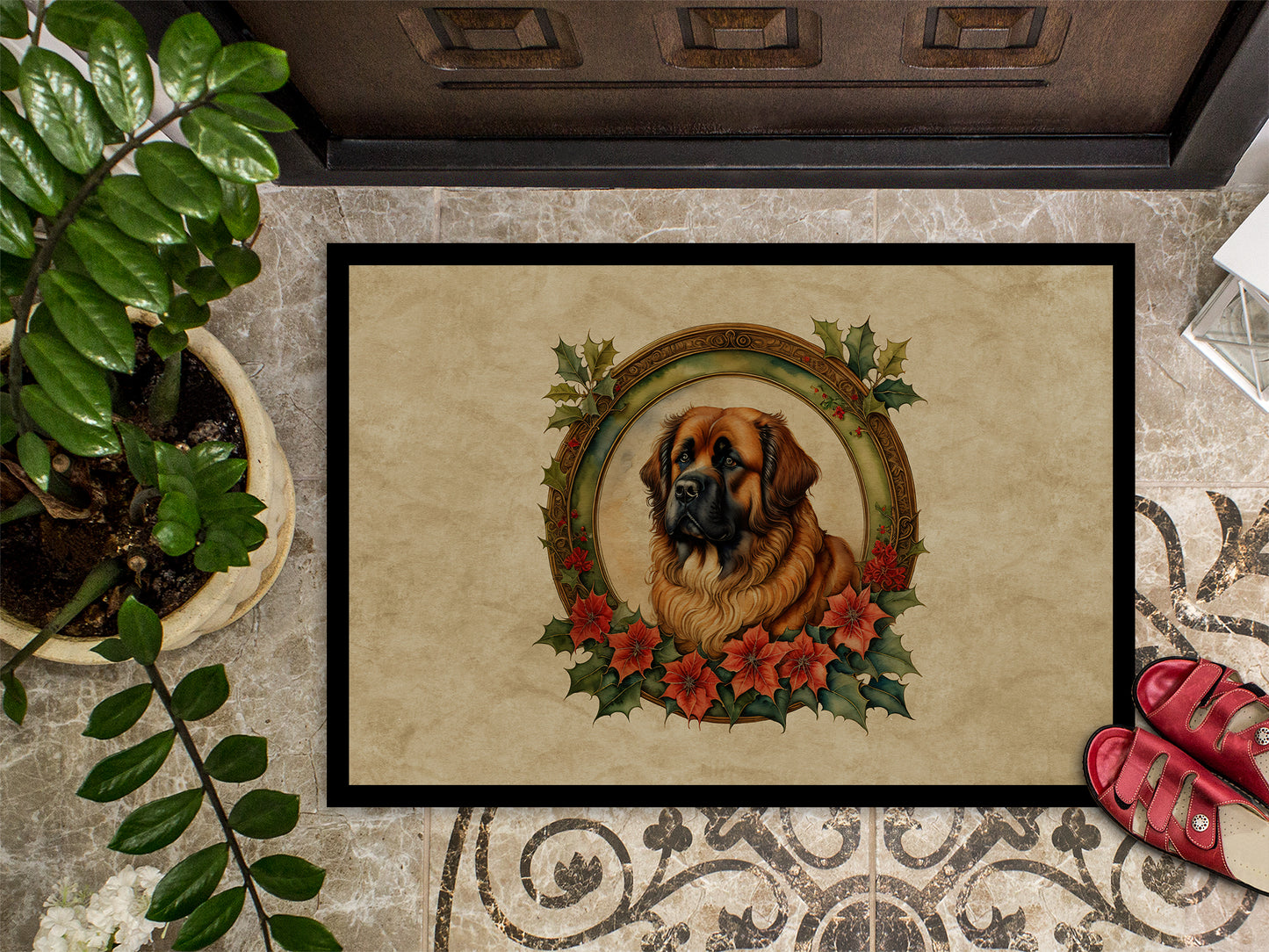 Leonberger Christmas Flowers Doormat