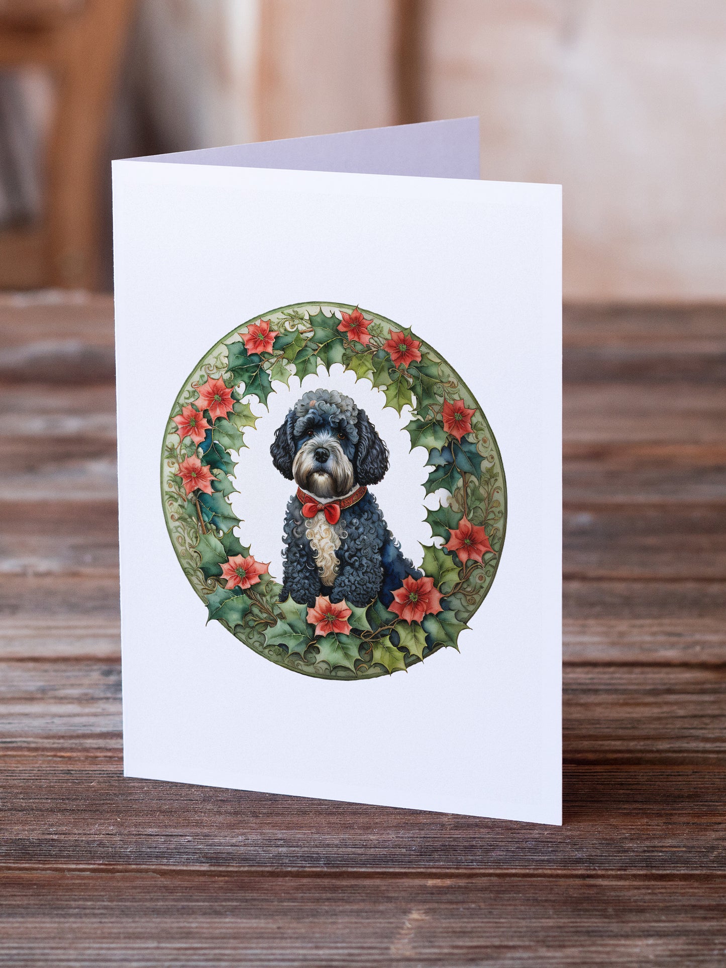 Portuguese Water Dog Christmas Flowers Greeting Cards Pack of 8