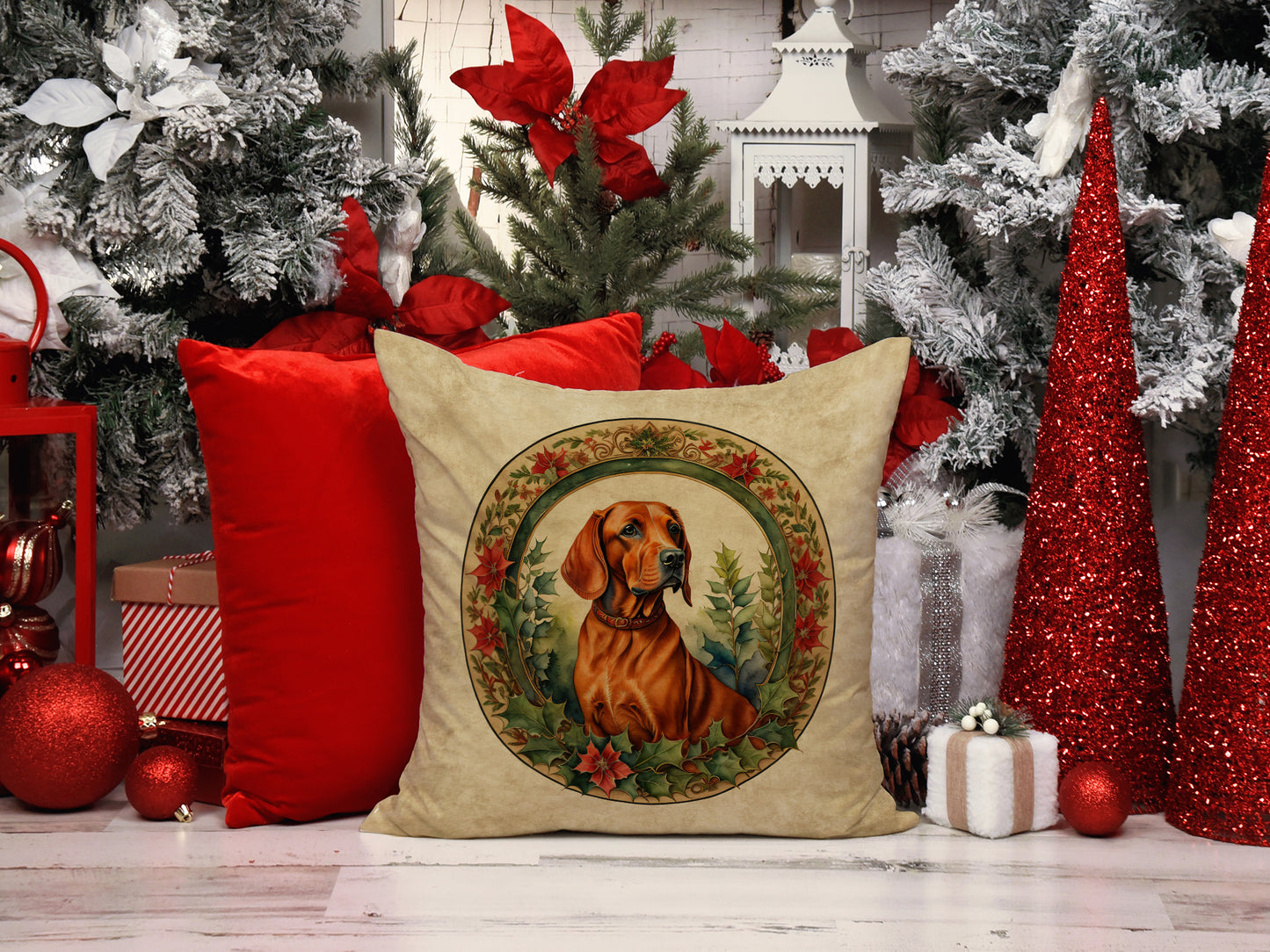 Red Redbone Coonhound Christmas Flowers Throw Pillow