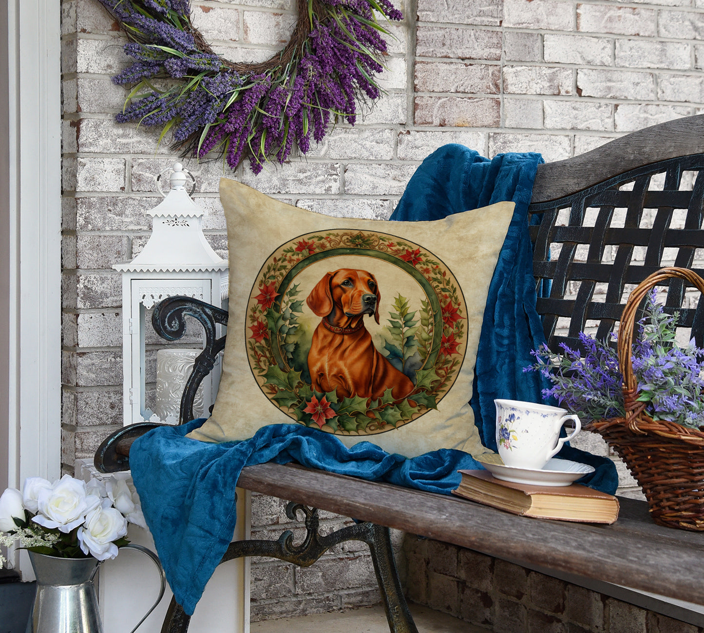 Red Redbone Coonhound Christmas Flowers Throw Pillow