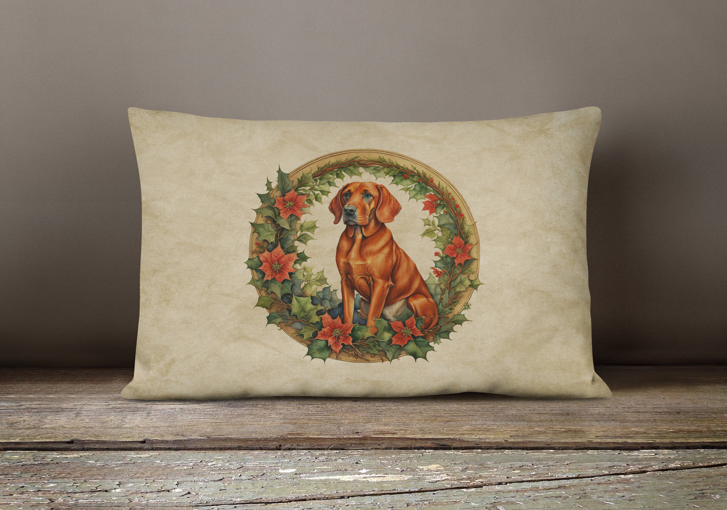 Red Redbone Coonhound Christmas Flowers Throw Pillow