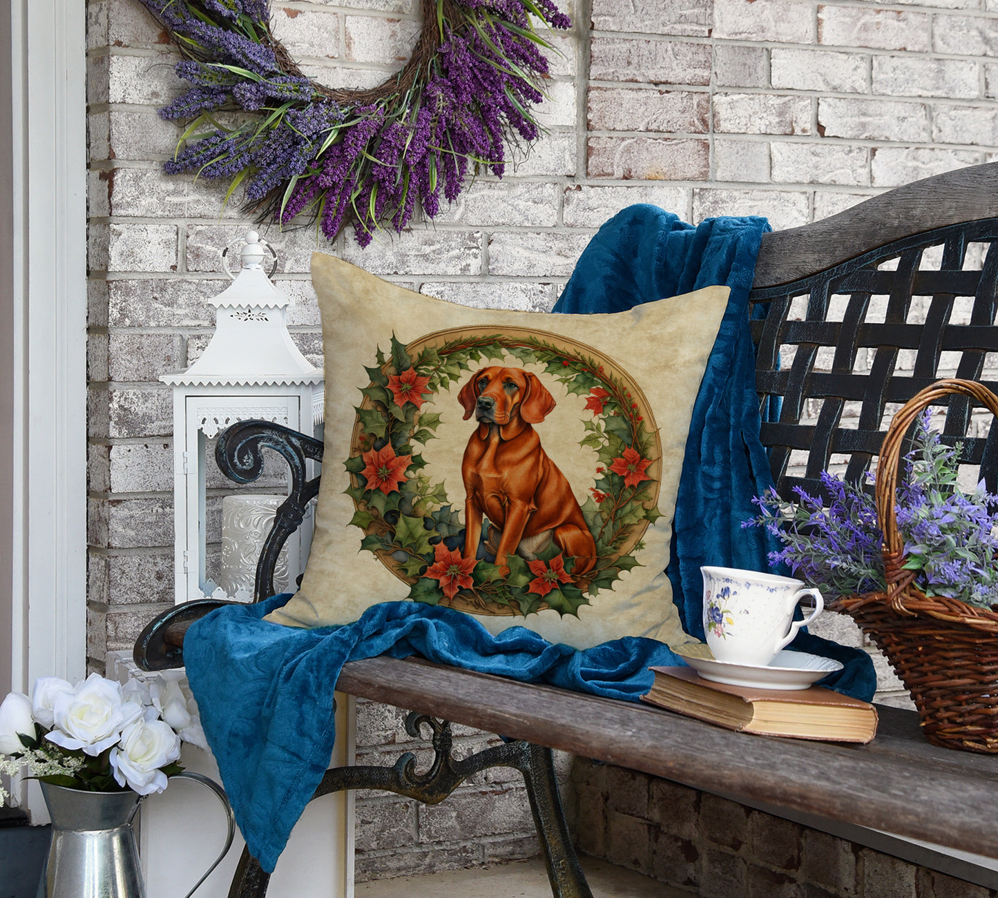 Red Redbone Coonhound Christmas Flowers Throw Pillow