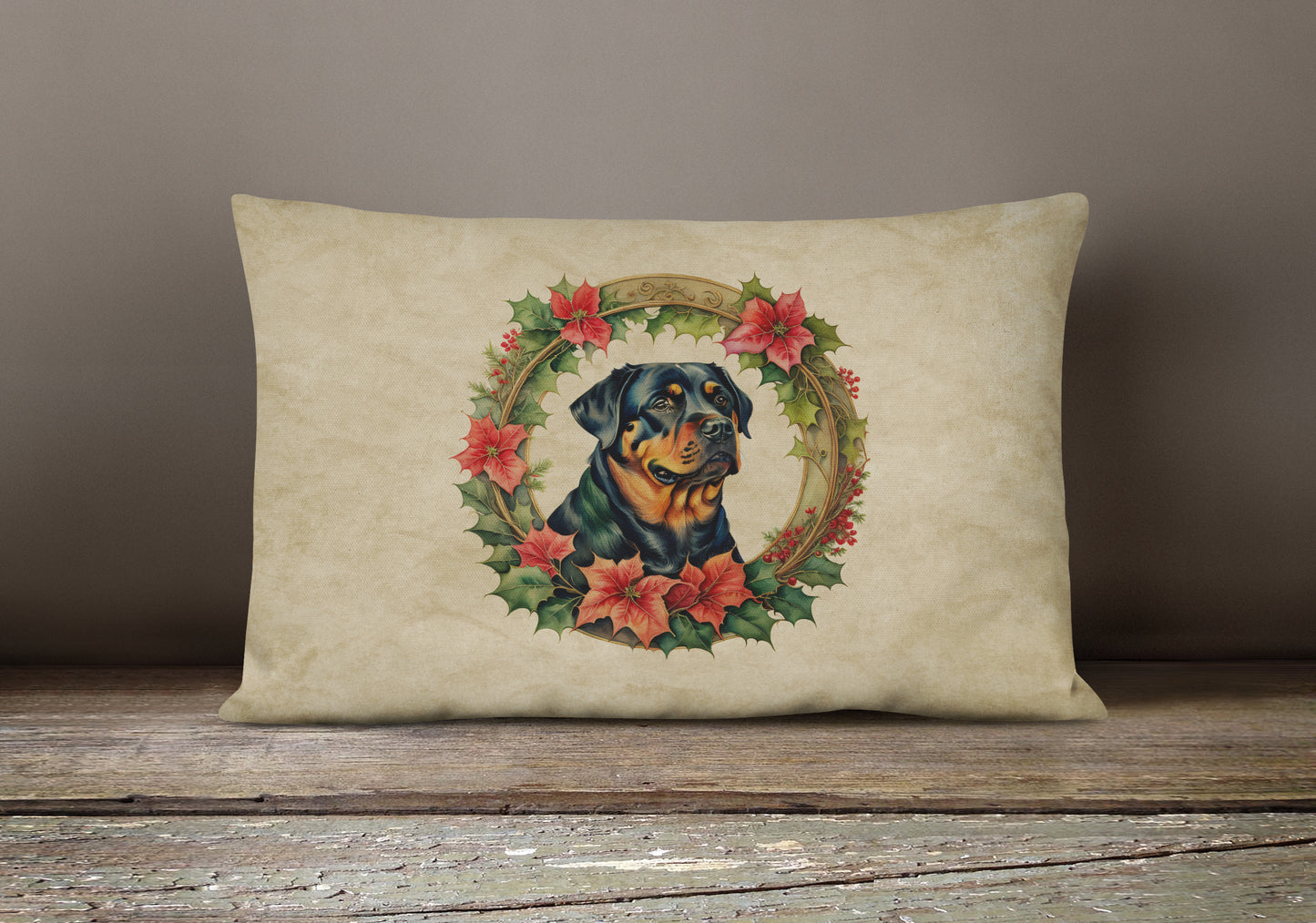 Rottweiler Christmas Flowers Throw Pillow