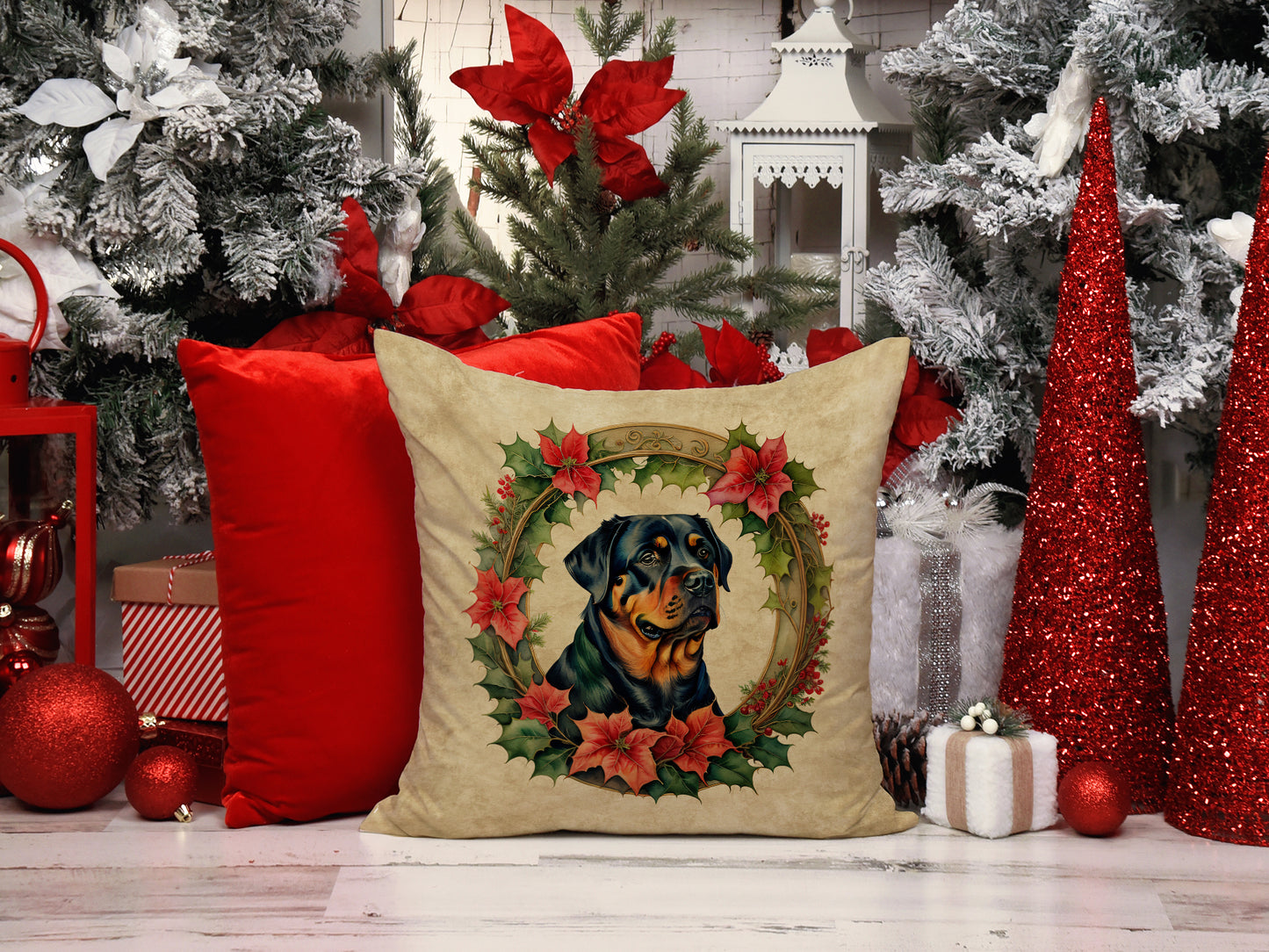 Rottweiler Christmas Flowers Throw Pillow