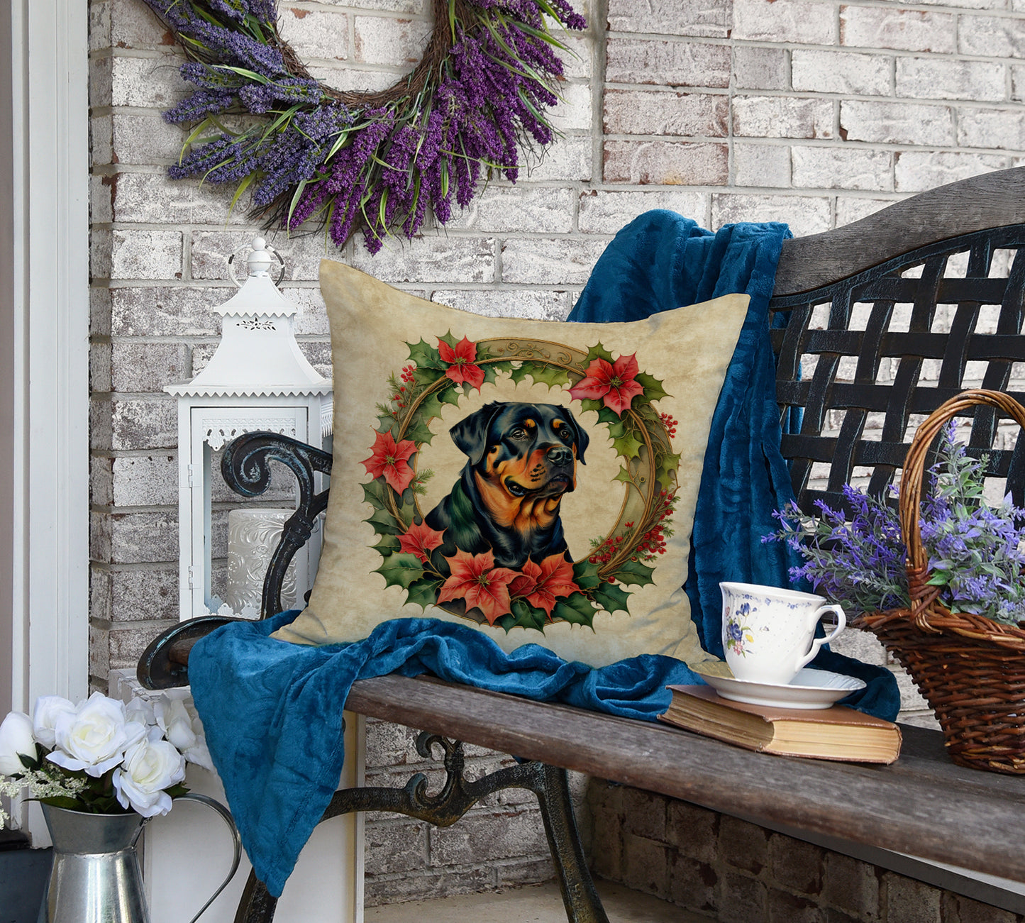 Rottweiler Christmas Flowers Throw Pillow