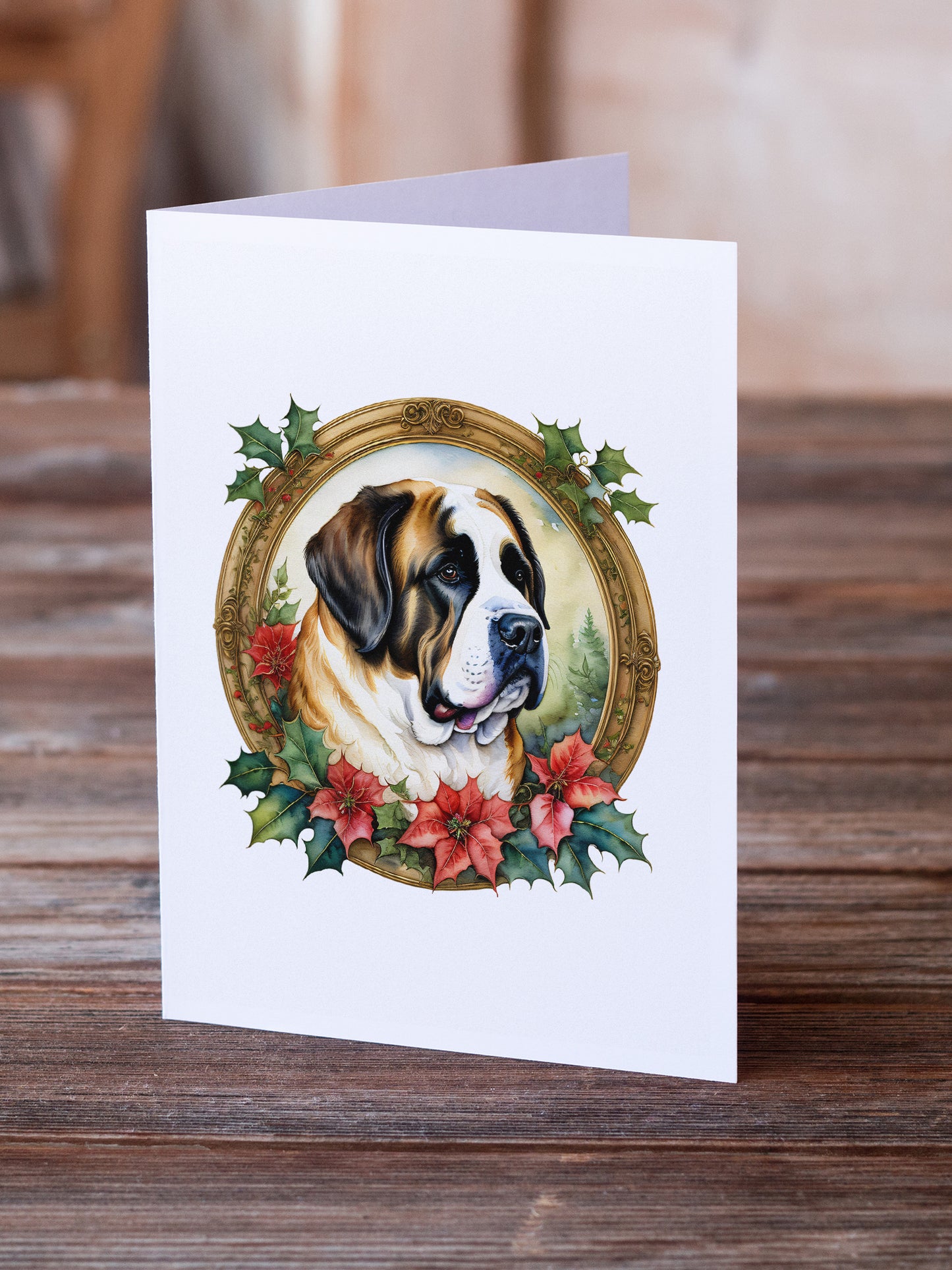 Saint Bernard Christmas Flowers Greeting Cards Pack of 8