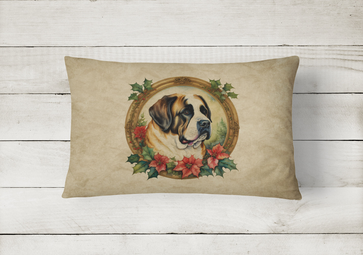 Saint Bernard Christmas Flowers Throw Pillow