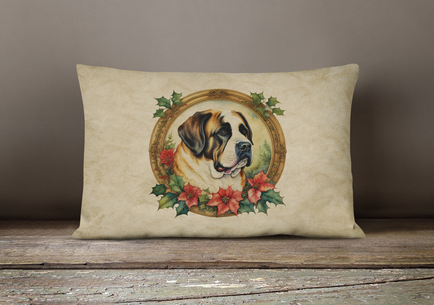 Saint Bernard Christmas Flowers Throw Pillow