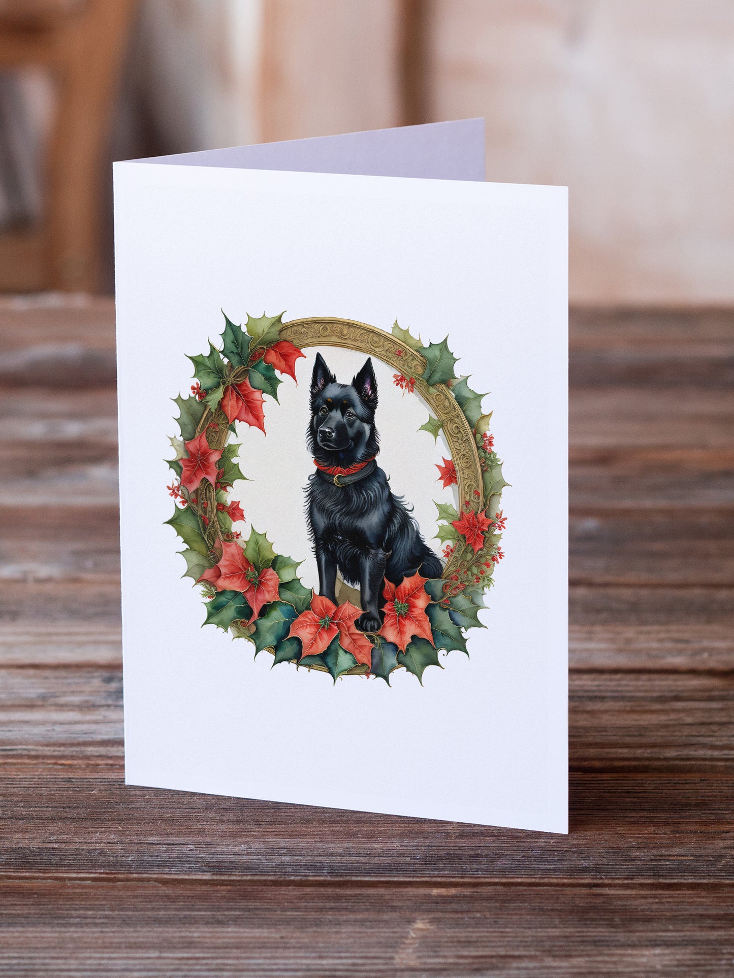 Schipperke Christmas Flowers Greeting Cards Pack of 8