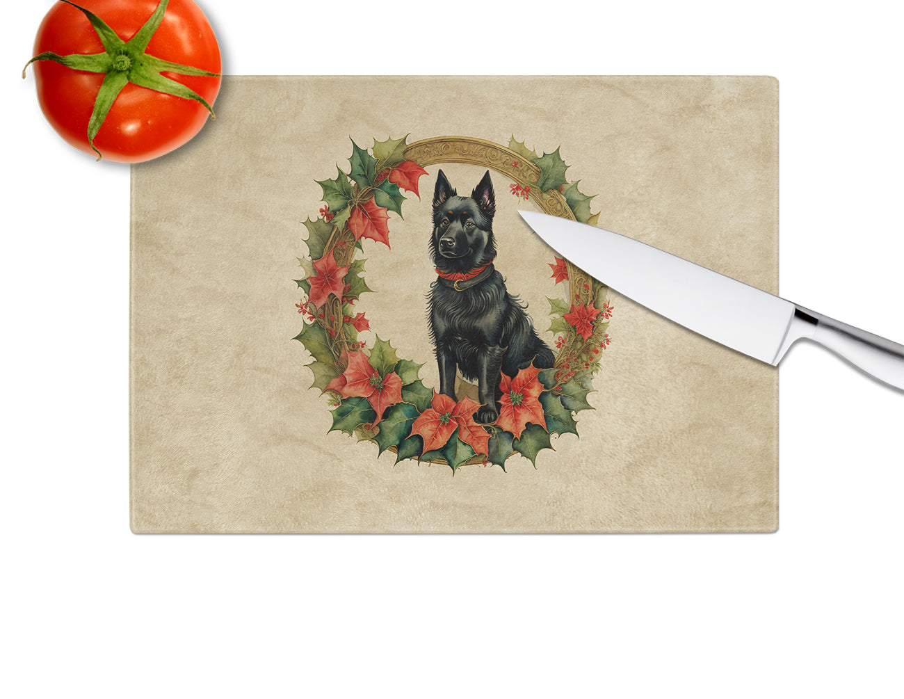 Schipperke Christmas Flowers Glass Cutting Board