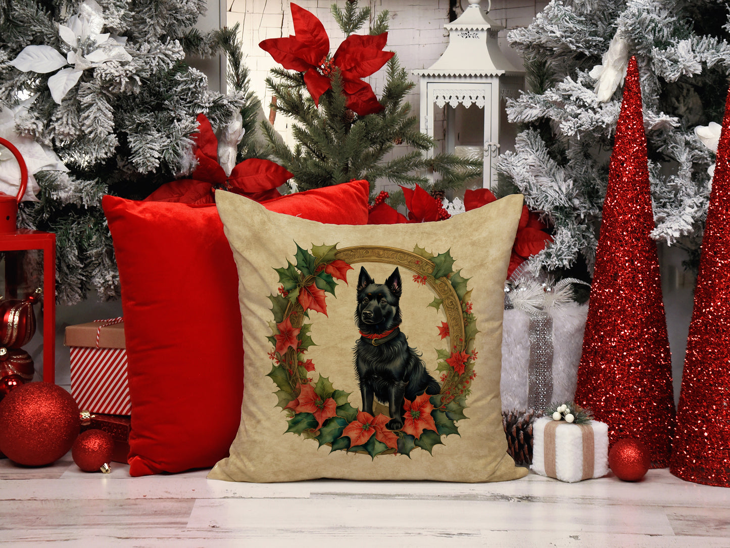 Schipperke Christmas Flowers Throw Pillow