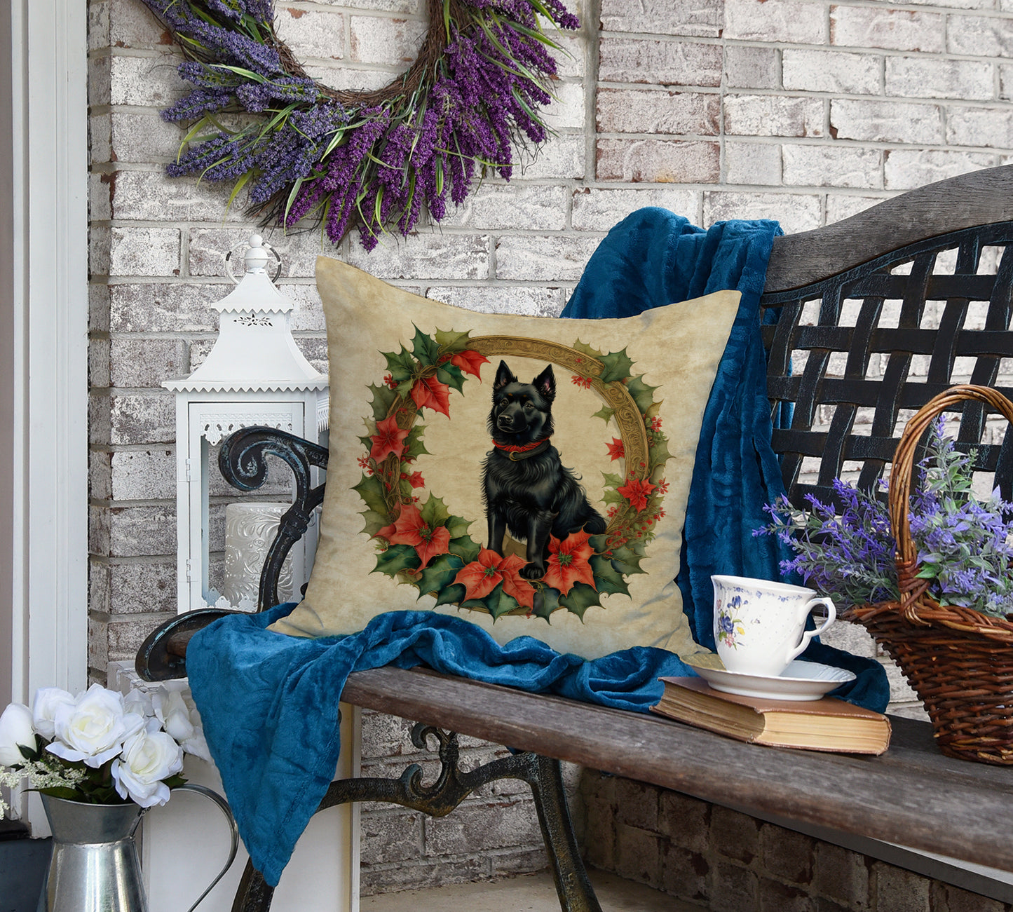 Schipperke Christmas Flowers Throw Pillow