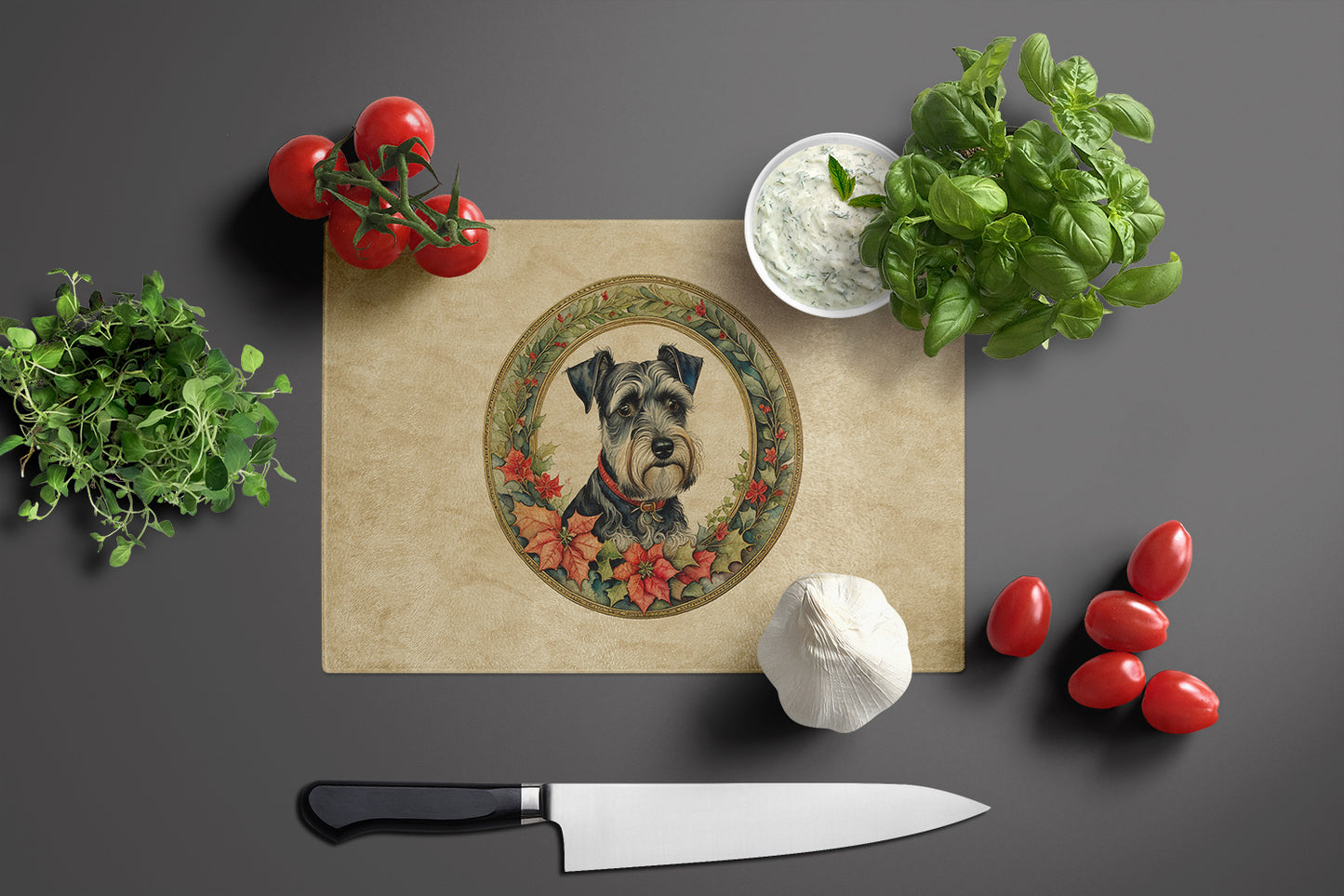 Schnauzer Christmas Flowers Glass Cutting Board