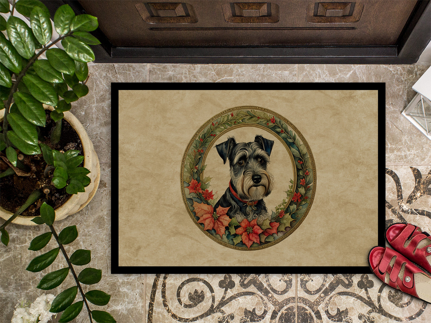 Schnauzer Christmas Flowers Doormat