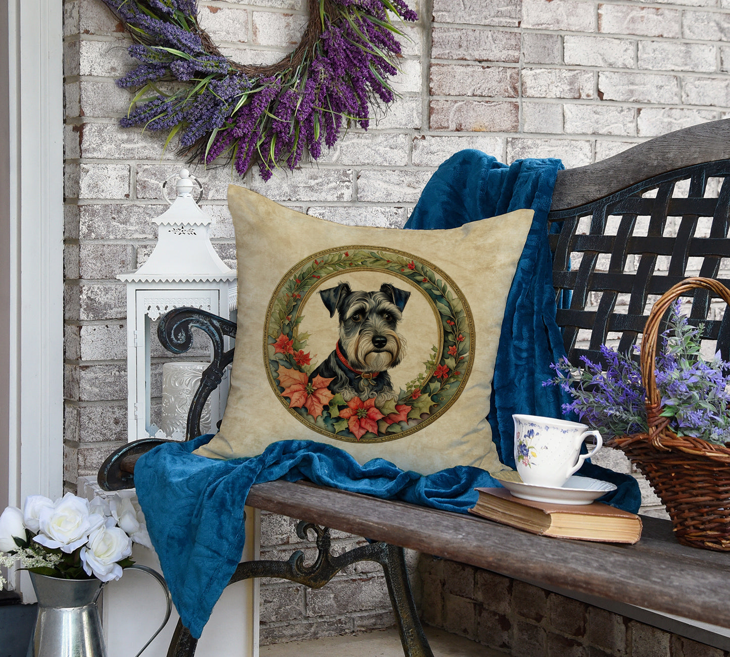 Schnauzer Christmas Flowers Throw Pillow