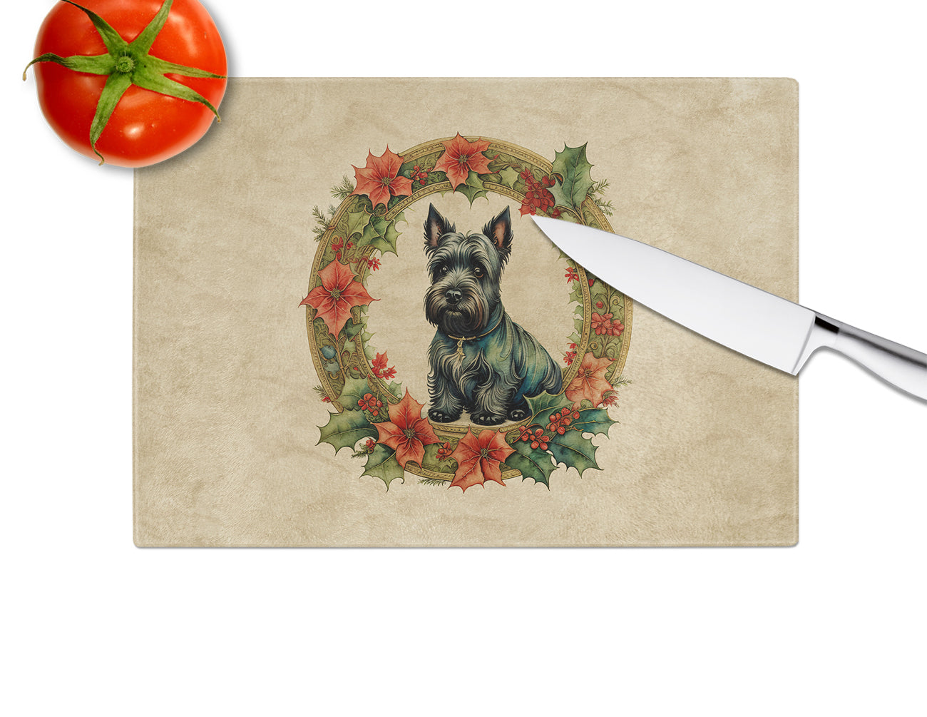 Scottish Terrier Christmas Flowers Glass Cutting Board